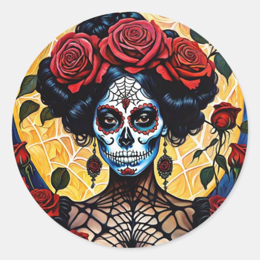 Mysterieuze Red Rose Sugar Skull Pin-Up Stickers (Voorkant)