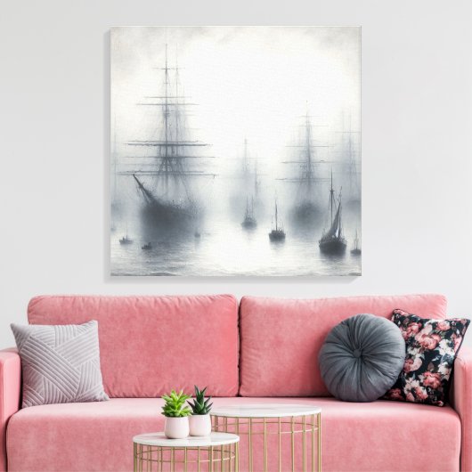 Mysterieuze schepen in een mistige haven canvas afdruk (Insitu (Woonkamer))
