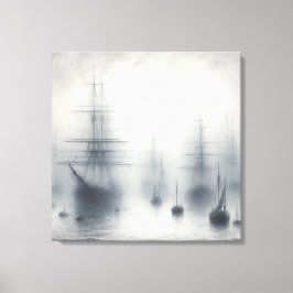 Mysterieuze schepen in een mistige haven canvas afdruk