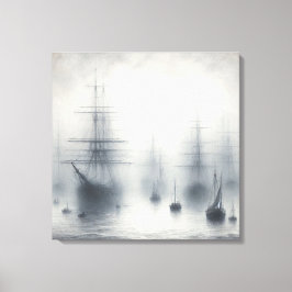 Mysterieuze schepen in een mistige haven canvas afdruk