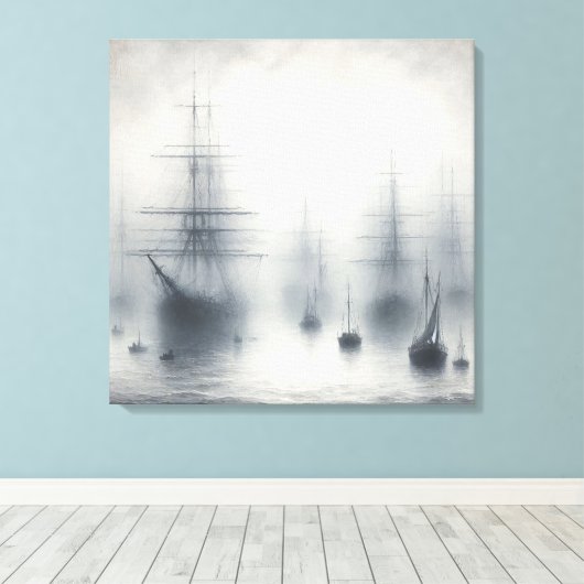 Mysterieuze schepen in een mistige haven canvas afdruk (Insitu (Houten vloer))