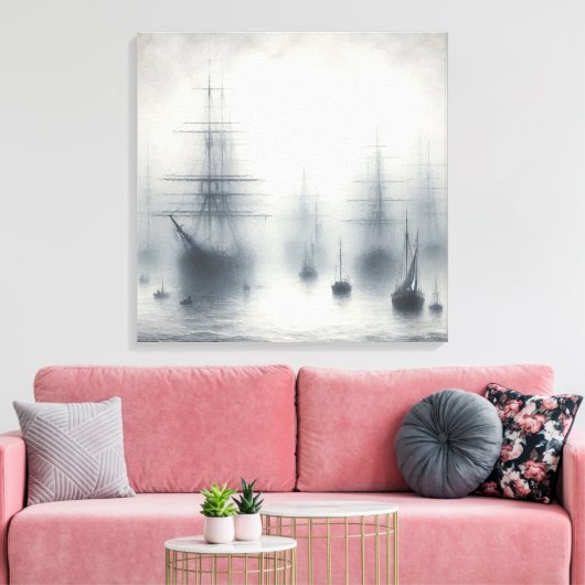 Mysterieuze schepen in een mistige haven canvas afdruk (Insitu (Woonkamer))