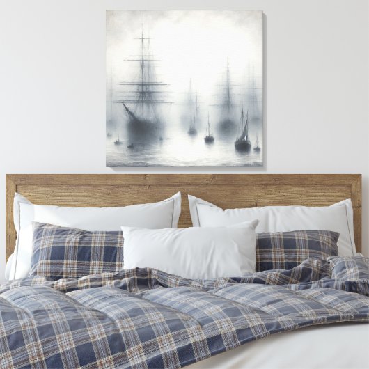 Mysterieuze schepen in een mistige haven canvas afdruk (Insitu (Slaapkamer))