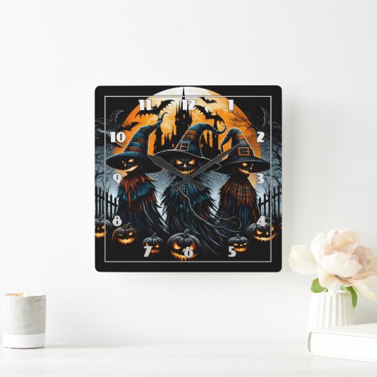 Mysterieuze vogelverschrikkers onder een gloeiende vierkante klok (Huis)