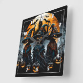 Mysterieuze vogelverschrikkers onder een gloeiende vierkante klok (Hoek)