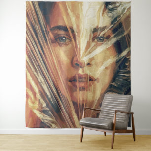 Mysterieuze vrouw achter expressionistische olieve wandkleed