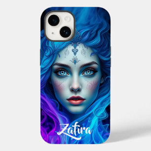 Mysterieuze vrouw die oprijst uit blauwe en paarse Case-Mate iPhone 14 hoesje