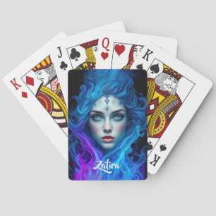 Mysterieuze vrouw die oprijst uit blauwe en paarse pokerkaarten