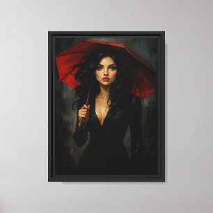Mysterieuze vrouw met rode paraplu kunst canvas afdruk