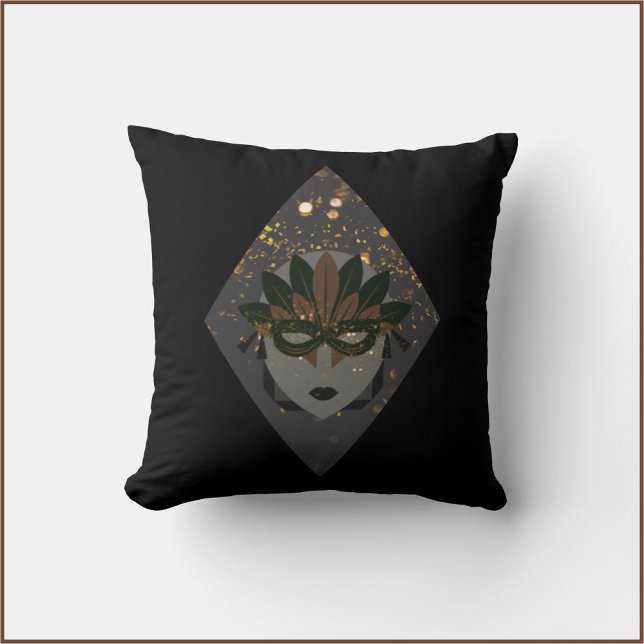 Mysterious Bronze & Black Glitter Mask Mardi Gras Kussen (Bookmark my store! https://www.zazzle.com/store/capricepetit)