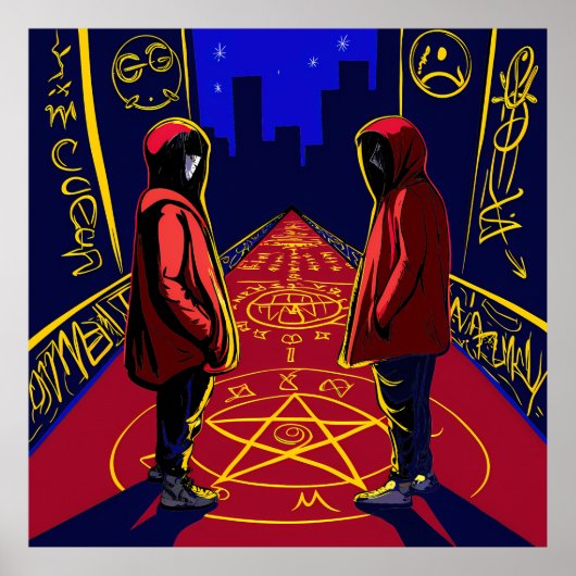 Mysterious Figures on Symbolic Urban Path Poster (Voorkant)