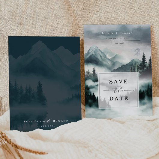 Mysterious Foggy Mountain Forest Bewaar de datum Kaart