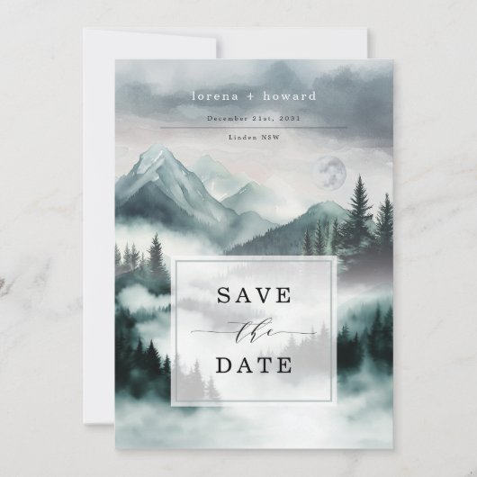 Mysterious Foggy Mountain Forest Bewaar de datum Kaart (Voorkant)