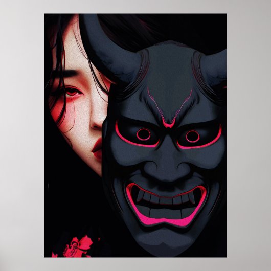Mysterious Girl with Oni Mask Dark Japanese Horror Poster (Voorkant)