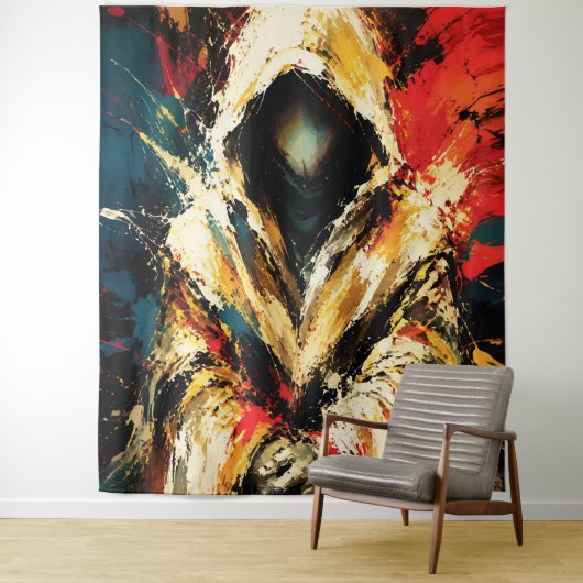 Mysterious Hooded Figure – Bold Abstract Wandkleed (In situ)