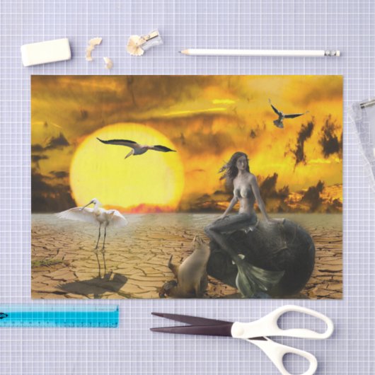 Mysterious Mermaid Fantasy Tekening in Geel Tissuepapier (Craft)