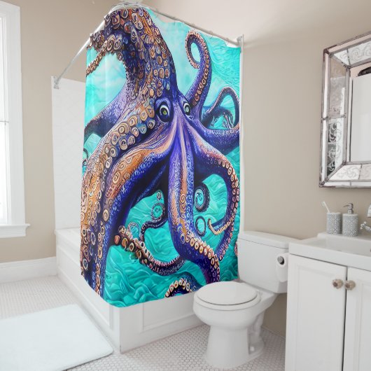 Mysterious Octopus Blue Ocean Wave Abstract Art Ha Douchegordijn (In situ)