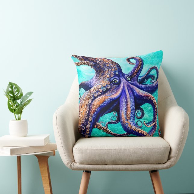Mysterious Octopus Blue Ocean Wave Abstracte Art Kussen (Stoel)