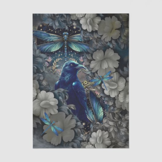 Mysterious Raven, Witte Bloemen & Libellen Tissuepapier (Voorkant)