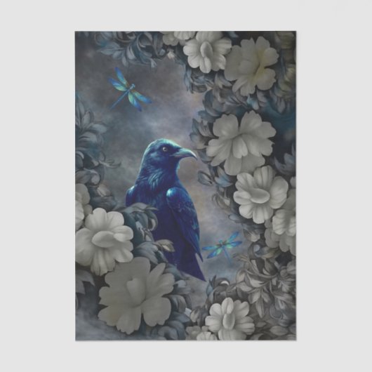Mysterious Raven, Witte Bloemen & Libellen Tissuepapier (Voorkant)