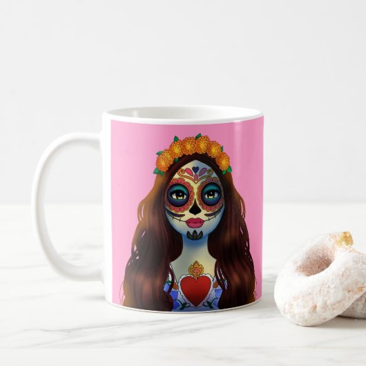 Mysterious Sugar Skull Woman Koffiemok (Met donut)