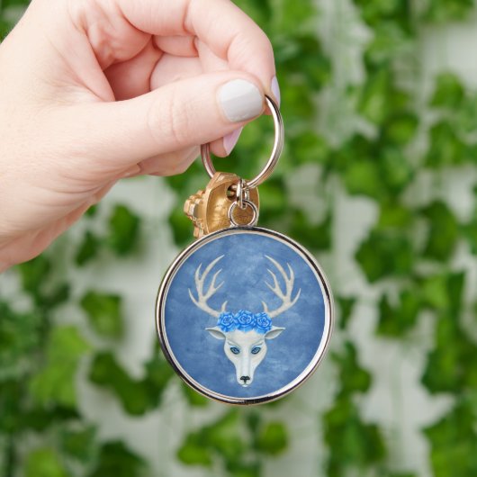 Mysterious White Deer Head Antlers Blue Rozen Sleutelhanger (Hand)