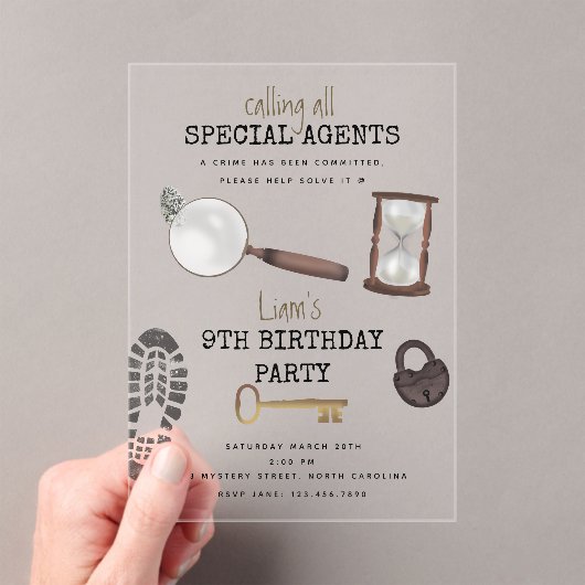 Mystery Kids Secret Agent Spy Detective Birthday Acryl Uitnodigingen (Insitu (Draagbaar))