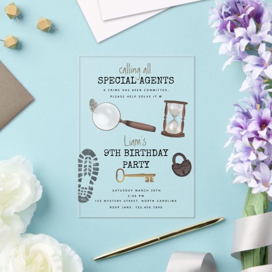 Mystery Kids Secret Agent Spy Detective Birthday Acryl Uitnodigingen (Insitu (Huwelijk))