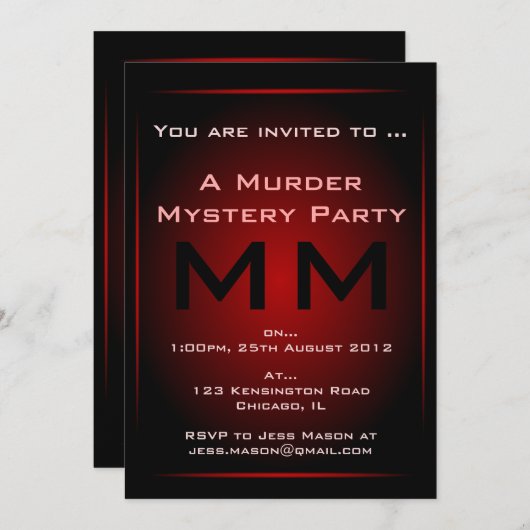 Mystery Party Invitation Black & Red Glow Murder Kaart (Voorkant / Achterkant)