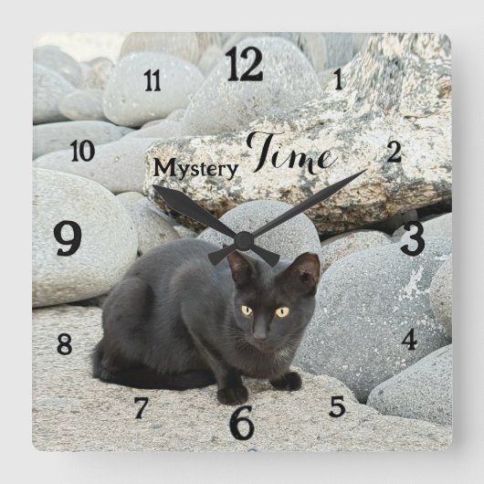 Mystery Time – Black Cat Wall Clock Vierkante Klok (Voorkant)
