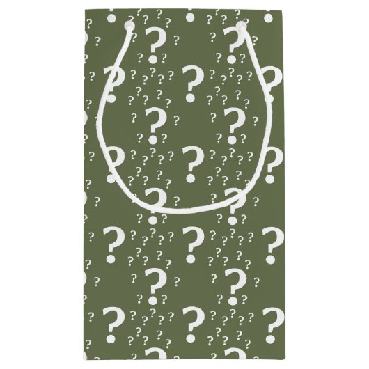 Mystery vraagteken kronkelige puzzel olijfgroen klein cadeauzakje (Achterkant)