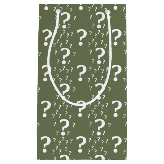 Mystery vraagteken kronkelige puzzel olijfgroen klein cadeauzakje (Voorkant)