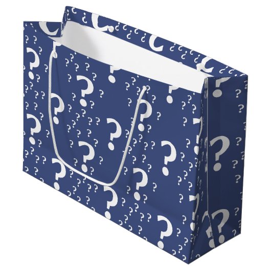 Mystery vraagteken raadsel blauw puzzelblauw groot cadeauzakje (Voorkant Gekanteld)