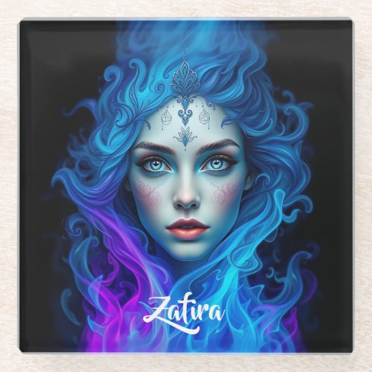 Mystery Woman Emerging from Blue & Purple Flames Glazen Onderzetter (Voorkant)