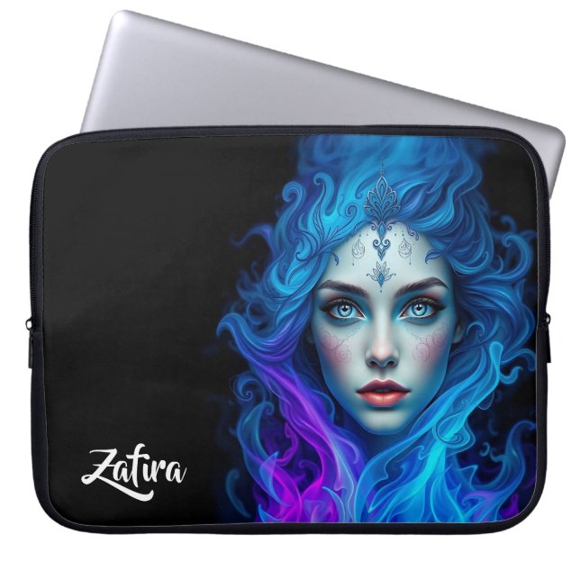 Mystery Woman Emerging from Blue & Purple Flames Laptop Sleeve (Voorkant)