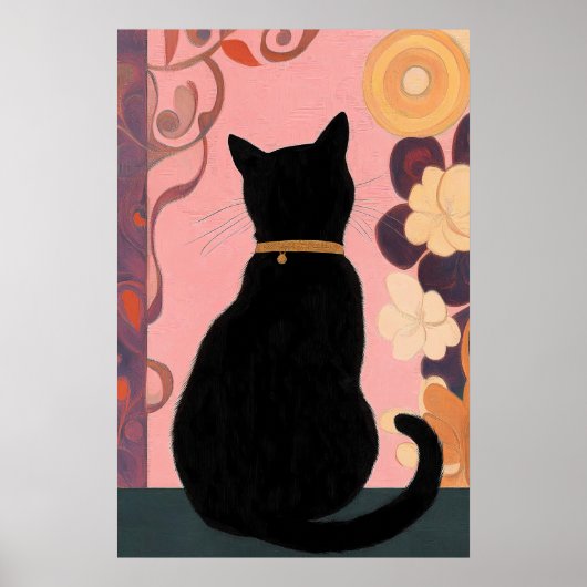 Mystic Black Cat op roze Abstracte achtergrond Poster (Voorkant)