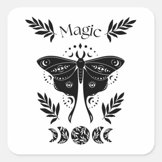 Mystic black moth, maan en magie vierkante sticker (Voorkant)