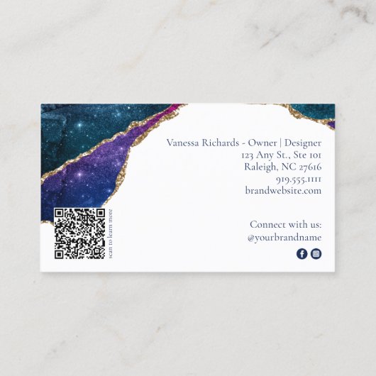 Mystic Blue Crystal Geode Gold Business Logo QR Visitekaartje (Achterkant)