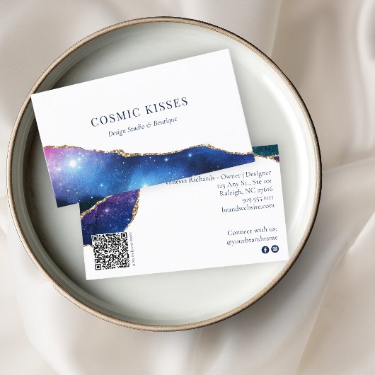 Mystic Blue Crystal Geode Gold Business Logo QR Visitekaartje
