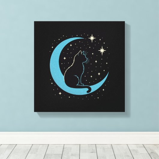 Mystic Cat on Blue Moon Night Sky Canvas Afdruk (Insitu (Houten vloer))