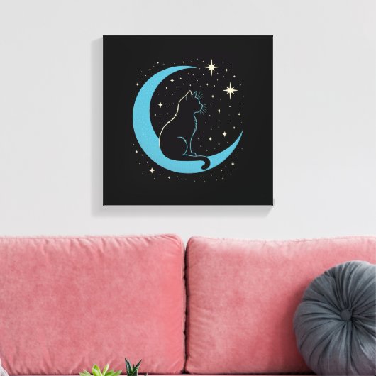 Mystic Cat on Blue Moon Night Sky Canvas Afdruk (Insitu (Woonkamer))