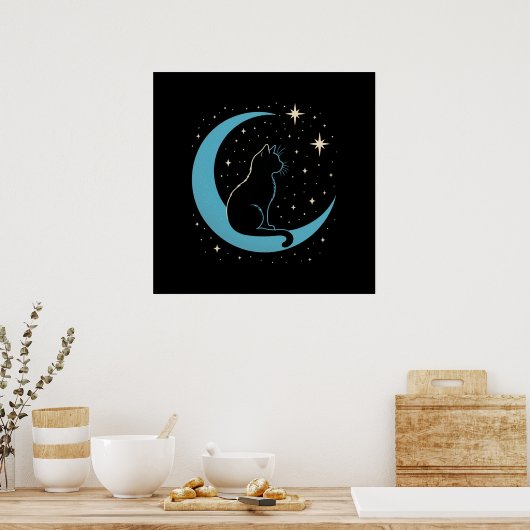 Mystic Cat on Blue Moon Night Sky Poster (Keuken)