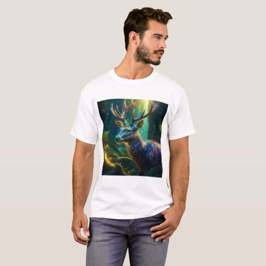 Mystic Christmas –Glowing Deer in Enchanted Forest T-shirt (Voorkant volledig)