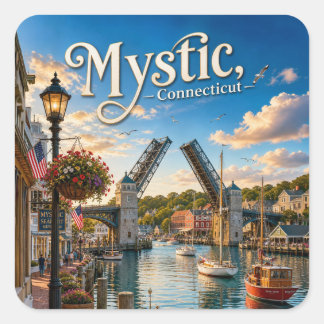 Mystic, Connecticut Draaibrug Haven Zonsondergang Vierkante Sticker