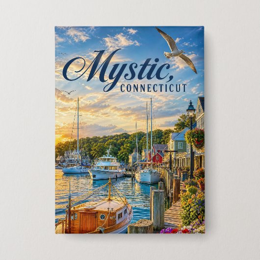Mystic, Connecticut Haven Zonsondergang Button (Voorkant)