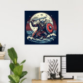 Mystic Crimson Red & White Warrior Moonlit Viking Poster (Thuiskantoor)