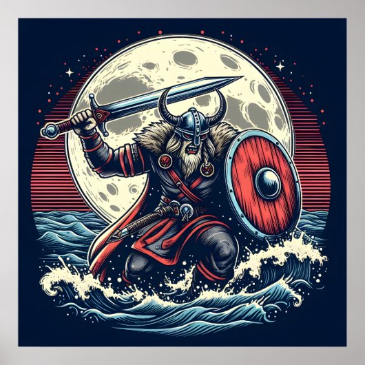 Mystic Crimson Red & White Warrior Moonlit Viking Poster (Voorkant)