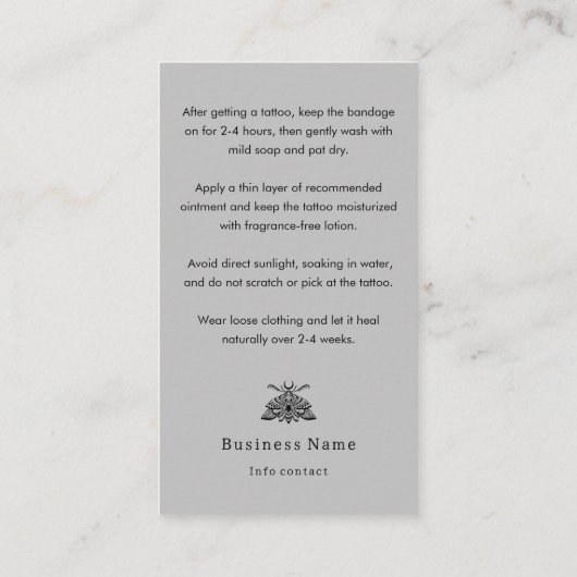 Mystic Death Moth Tattoo Nazorg Instructies Visitekaartje (Achterkant)