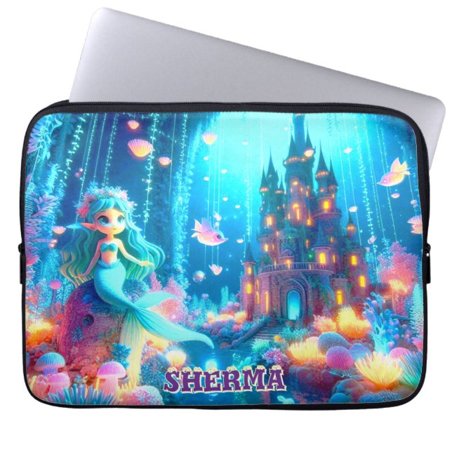 Mystic Depths – Chibi Zeemeermin & Glowing Garden Laptop Sleeve (Voorkant)