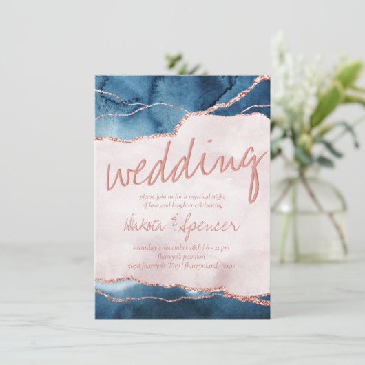 Mystic Elegance | Blauwroze bruidsroze bruiloft Kaart (Staand voorkant)